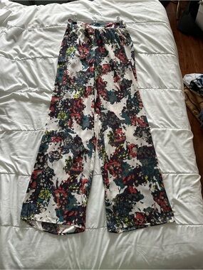 BCBGMaxAzria Wide Leg Floral-Abstract Pants - White, Red, Teal, Yellow, Black